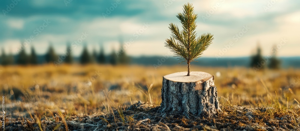 Aufkleber tree stump with small pine tree growing on it in a grassy field against a blurred forest background 