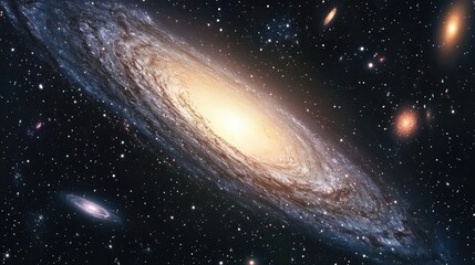 Obraz premium Galaxy Andromeda in space with numerous stars and celestial objects, features bright center and spiral arms, Copy Space available