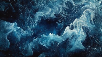 Abstract blue and white swirling textures in liquid form with dark background and copy space suitable for design projects