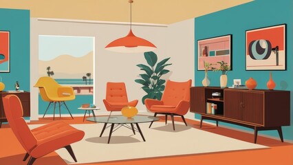 Fototapeta premium Retro 1960s interior design poster with iconic mid-century furniture and decor