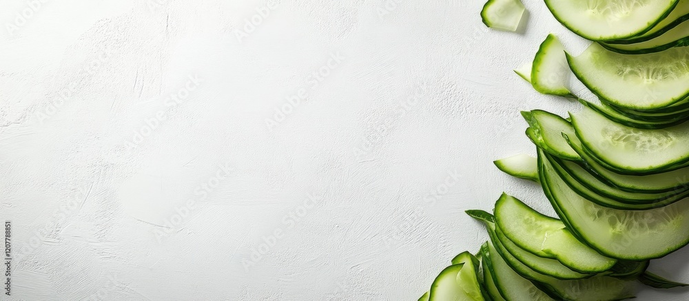 Poster freshly sliced green cucumbers elegantly arranged on a clean white surface with ample copy space for