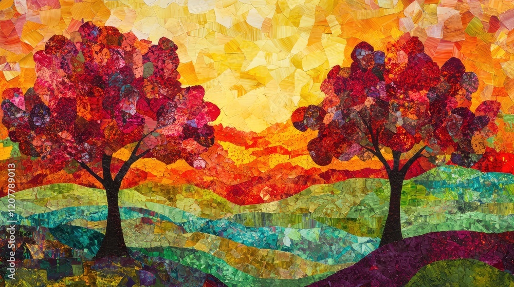 Poster colorful abstract landscape with two trees and vibrant sunset in patchwork style with copy space at 