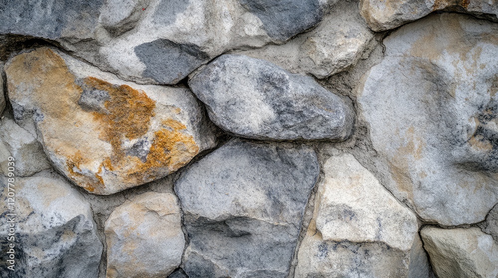 Poster textured stone wall background with various sizes of gray and beige rocks; natural elements and irre