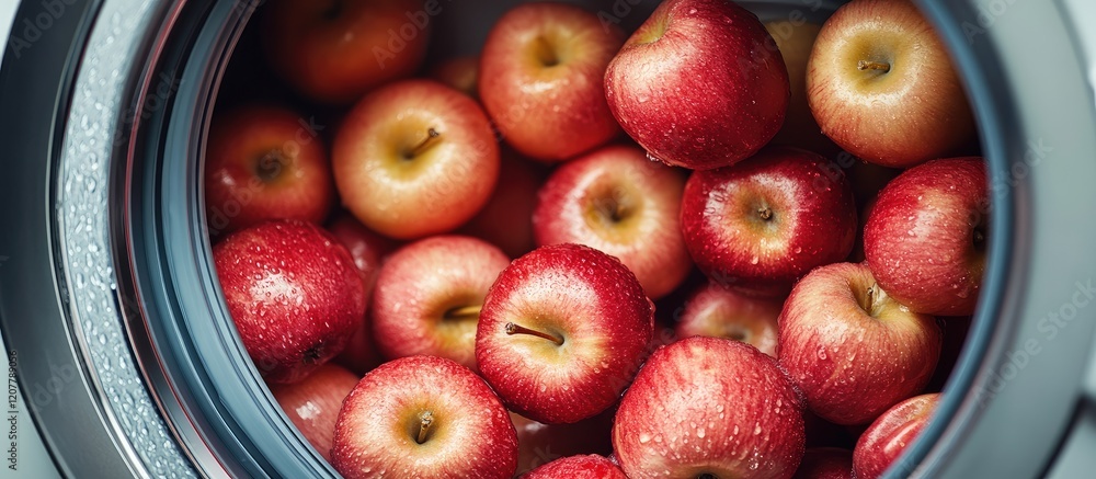 Poster freshly washed red apples in a silver washing machine drum with clear copy space for text and soft n