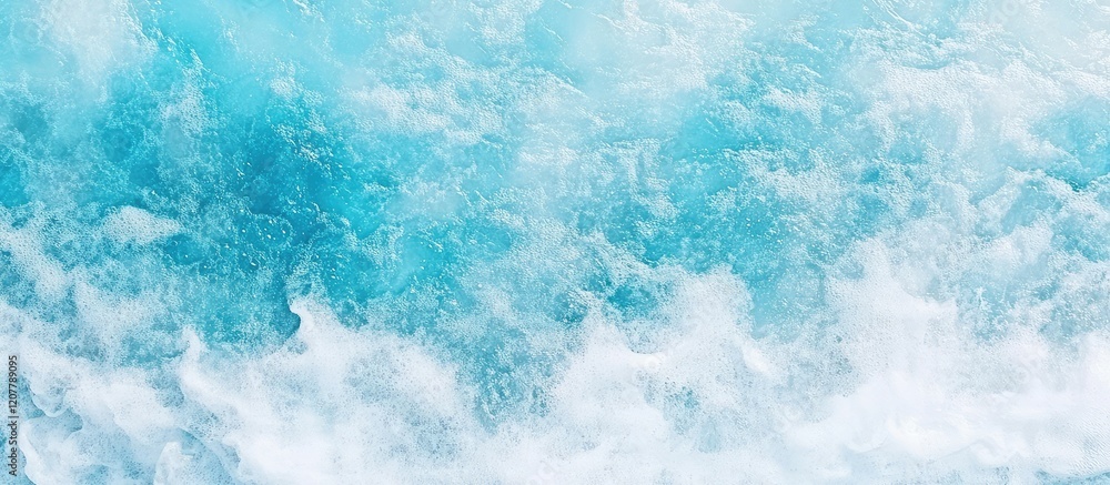 Poster aerial view of blue ocean waves with white foam texture and copy space for text placement