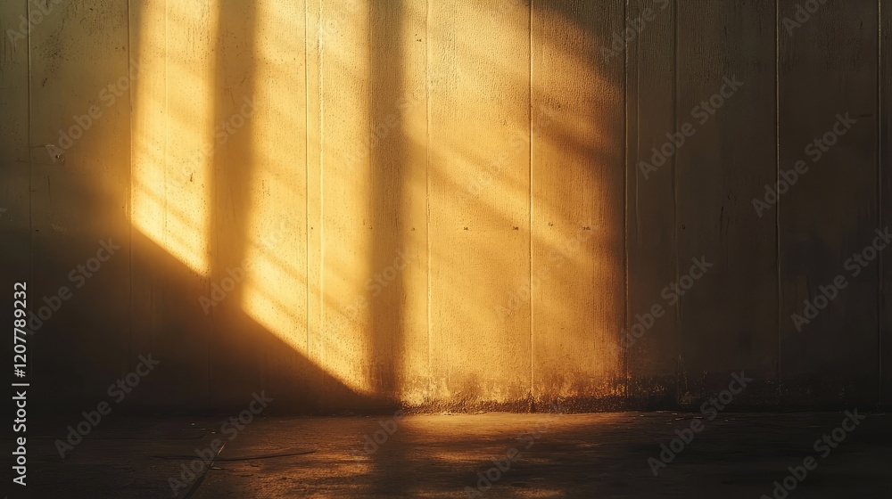 Poster warm sunlight casting shadows on a textured wall with soft light reflections and copy space for text