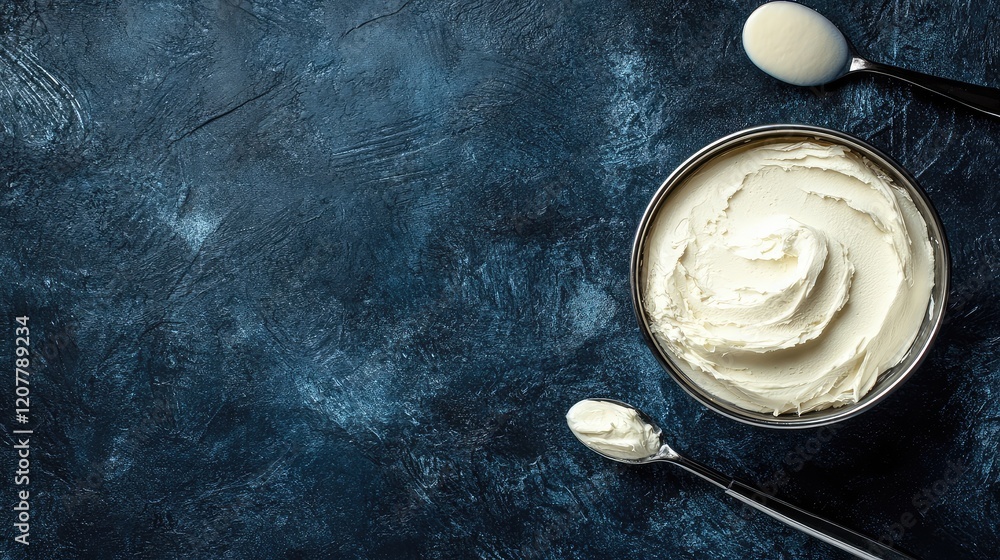 Aufkleber creamy butter in a metallic bowl with two spoons on a dark textured background and copy space for te