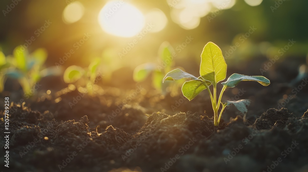 Aufkleber sunlight shining on young green seedlings growing in dark soil with a blurred background and ample c
