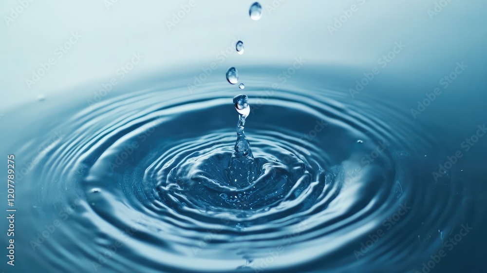Poster water droplet creating ripples in calm blue water surface with copy space for text placement