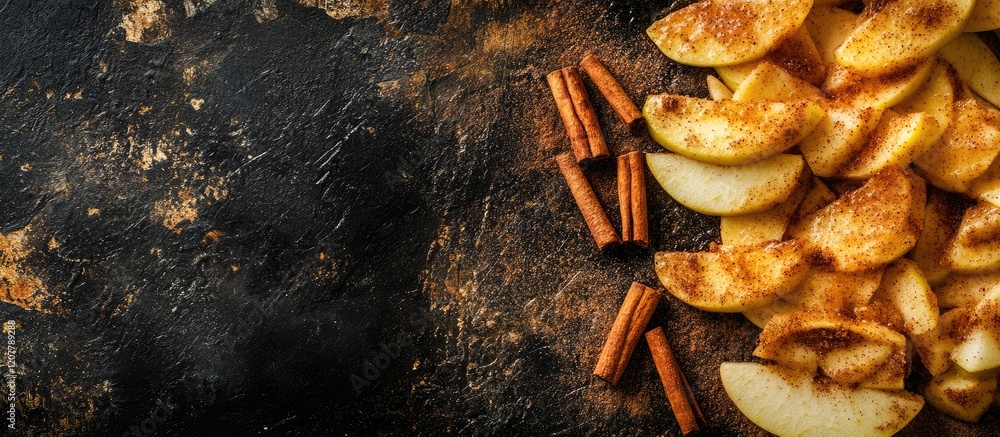 Poster sliced red and green apples dusting with cinnamon sticks on dark rustic wooden table close up culina