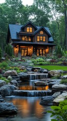 Cozy wooden house surrounded by lush greenery and serene water features at dusk