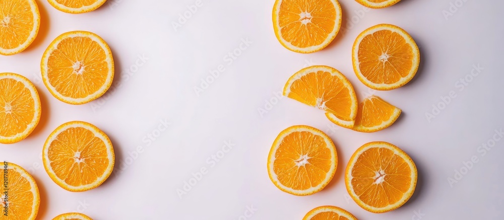 Poster vibrant orange citrus slices arranged on white background creating an elegant layout with ample spac