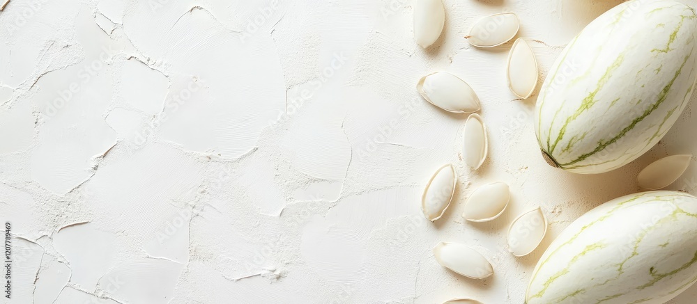 Poster fresh sliced melons and melon seeds on a textured white background with copy space for text or capti