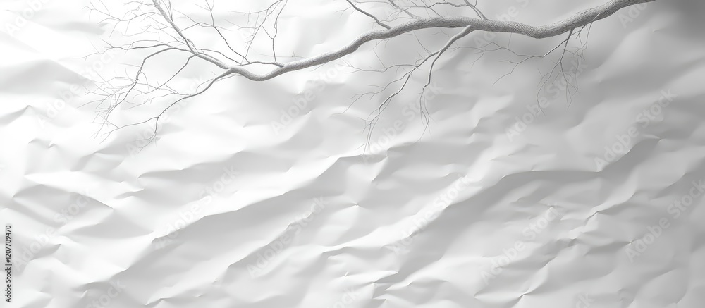 Poster abstract white crinkled paper texture with a dry branch silhouette at the top and copy space for des