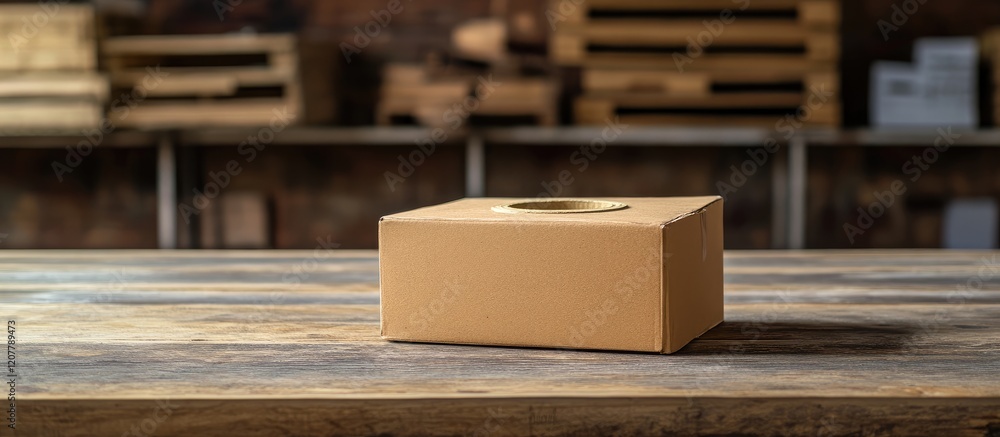 Poster cardboard box on wooden table in warehouse setting with blurred background of storage pallets copy s