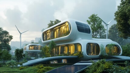Obraz premium Sustainable Smart AI Hubs: Futuristic Architecture Powered by Solar and Wind Energy