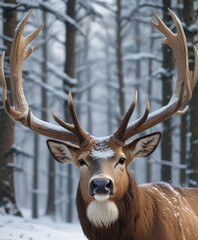 Fototapeta premium Close-up of an impressive buck with large antlers in a snowy forest, habitat, chilling