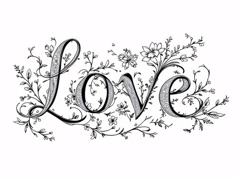 LOVE, word, letters, floral, patterns