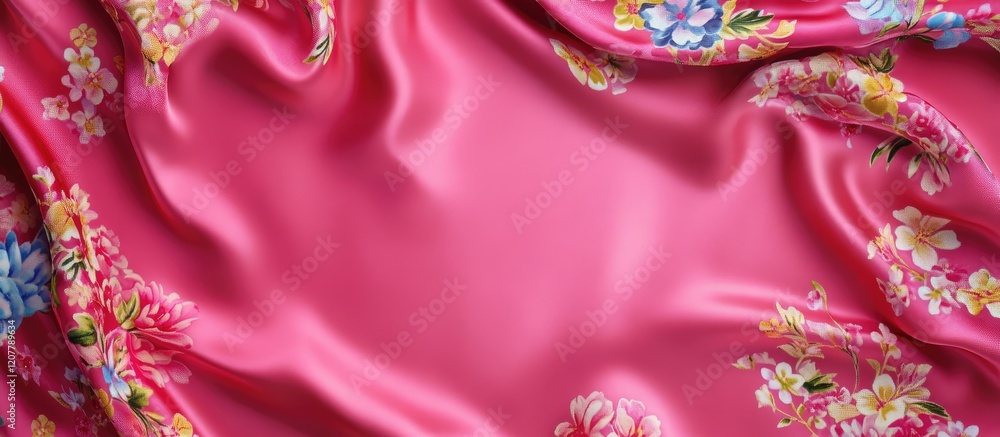 Poster floral patterned satin fabric in vibrant pink color with smooth texture and copy space for text plac