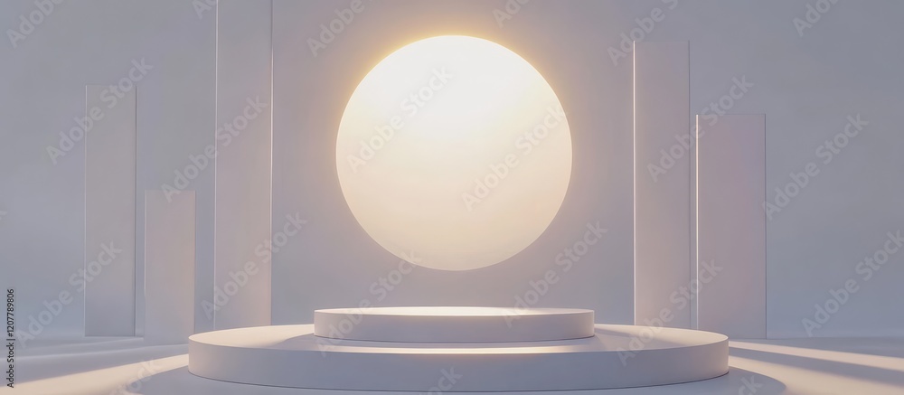 Aufkleber minimalist architectural scene with round light source and empty pedestal, soft lighting and pastel 