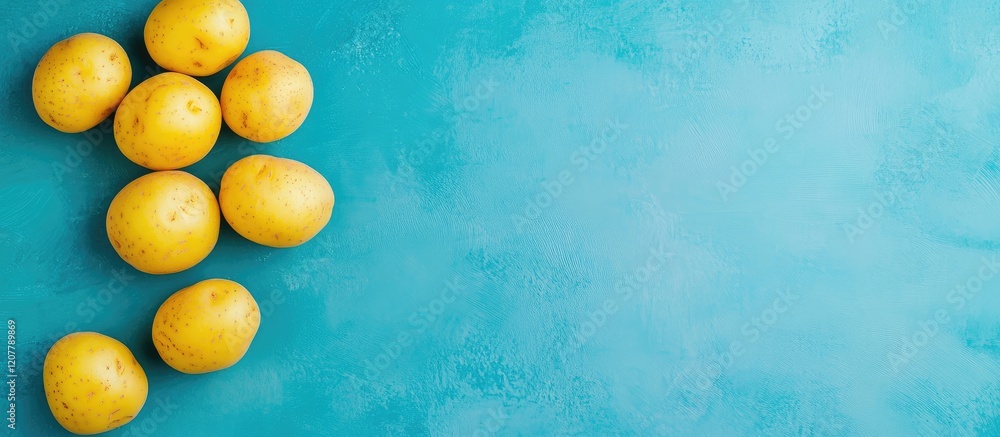 Poster freshly washed yellow potatoes arranged on a vibrant turquoise background close-up with empty space 