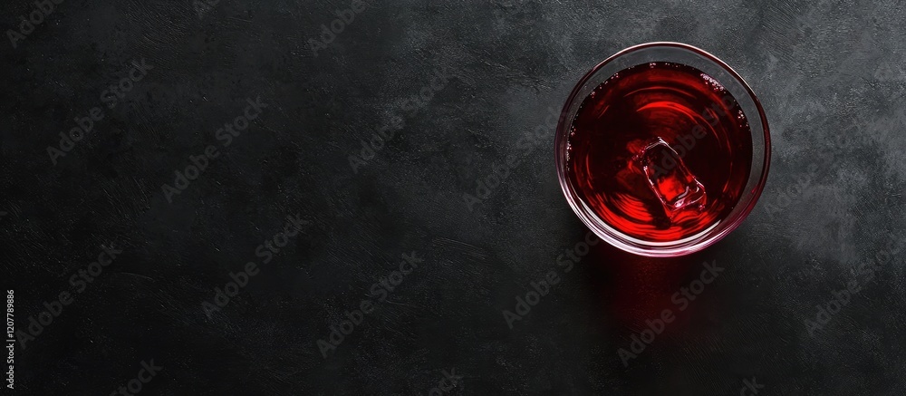 Poster freshly squeezed beet juice in clear glass on dark textured background with ice cubes and ample copy