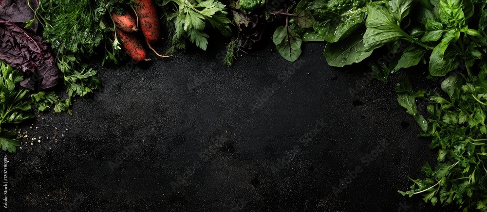 Poster freshly washed colorful assorted vegetables and aromatic herbs on dark rustic surface with empty spa