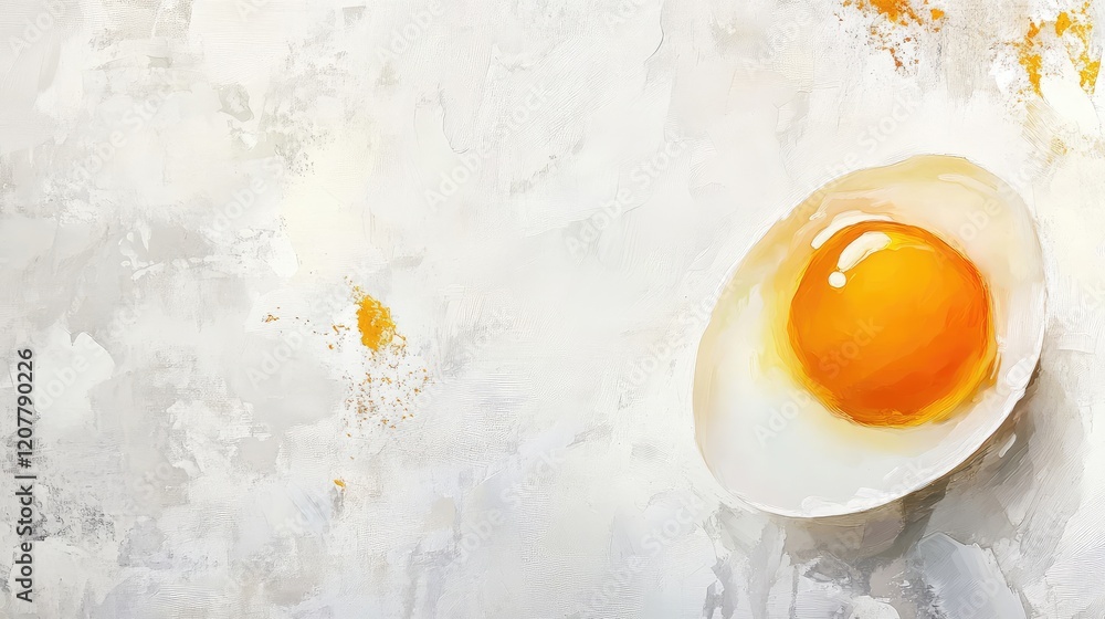 Poster egg yolk in cracked shell on textured white background with copy space for text