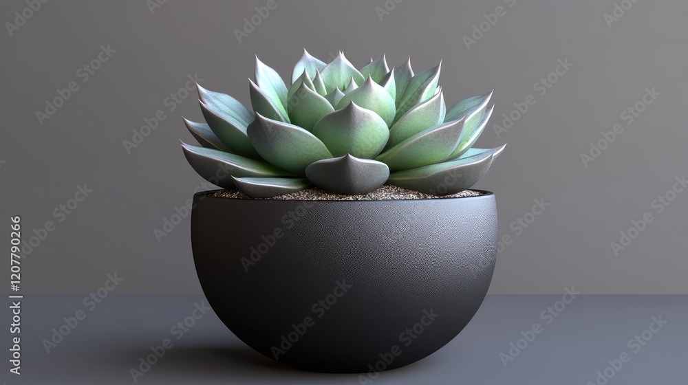 Poster succulent plant in modern round pot on gray background with ample copy space for text placement