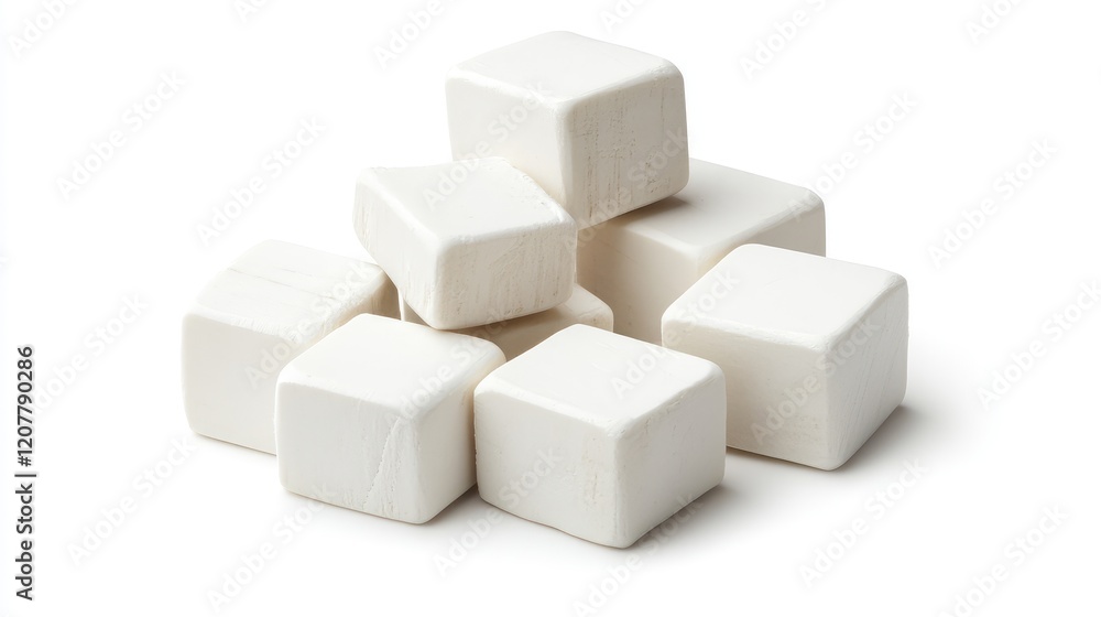 Poster white sugar cubes stacked on a plain background with copy space for text.