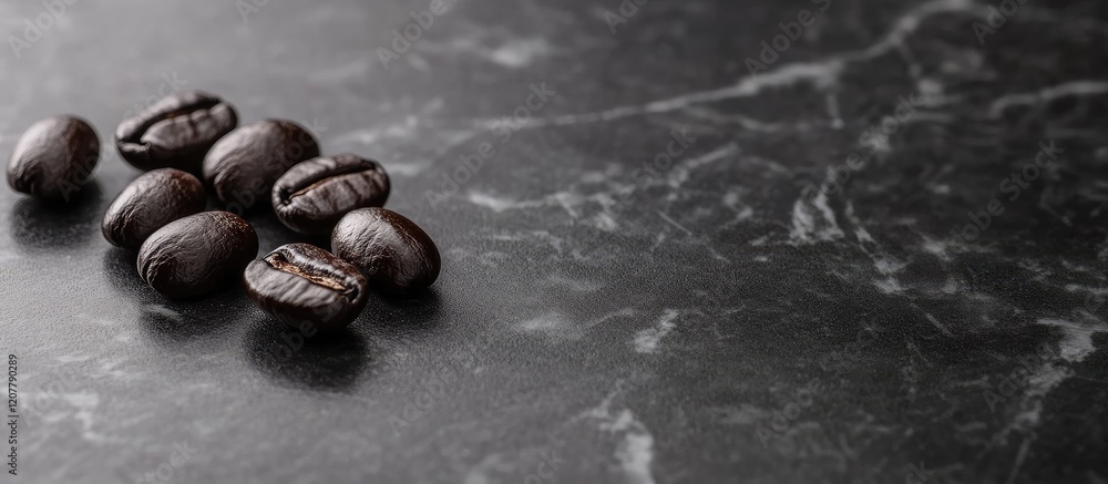 Poster glossy dark roasted coffee beans arranged on a sleek black marble surface with ample negative space 