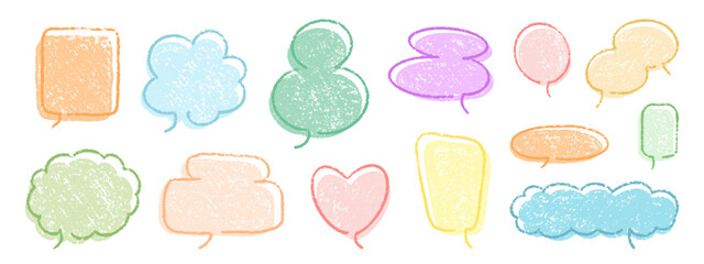 Crayon Speech Bubbles Vector Set. Chalk Scribble Talking Clouds Shapes Collection. Pastel Colors Hand Drawn Brush Texture Dialogue Frames. Pencil Emphasis Elements Charcoal Doodle Talk Balloons Bundle