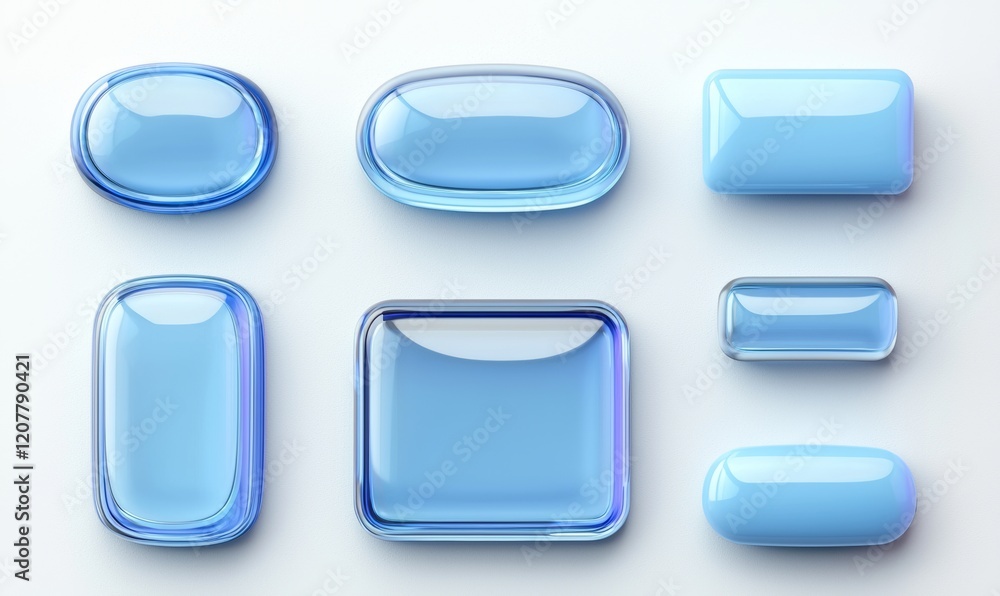 Poster a set of 3d buttons designed for ui and ux templates, showcasing lifelike glossy square and rounded 
