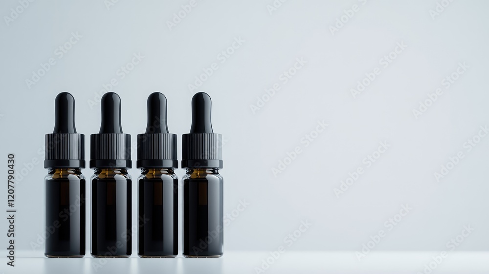Poster four black glass dropper bottles arranged in a row with a light grey background and ample copy space