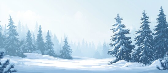 Obraz premium Winter landscape with snow-covered pine trees and a serene blue sky suitable for backgrounds or seasonal themes Copy Space