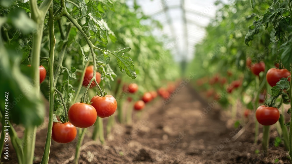 Poster tomato plants with ripe tomatoes in a greenhouse setting with blurred background and ample copy spac