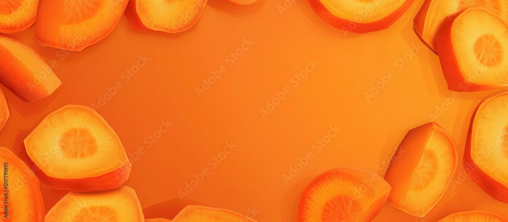 Poster sliced carrots arranged in a circular pattern on a vibrant orange background with copy space for tex