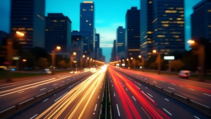 Obraz premium Blurred motion of city traffic lights creating glowing trails