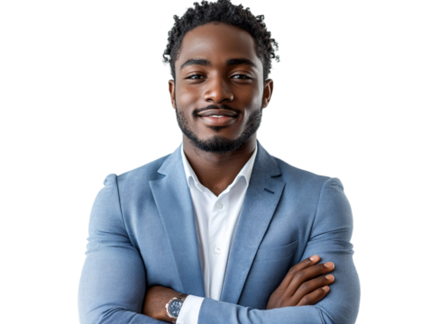A confident young African-American businessman smiling warmly, dressed in a light blue blazer standing with arms crossed isolated on white background. PNG file