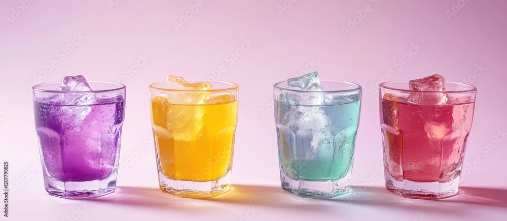 Poster vibrant freshly squeezed fruit and vegetable juices in colorful glasses on soft pink background with