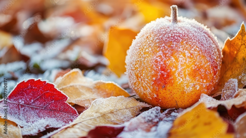 Poster frosted apple on colorful autumn leaves covered in snow with blurred background and copy space for t