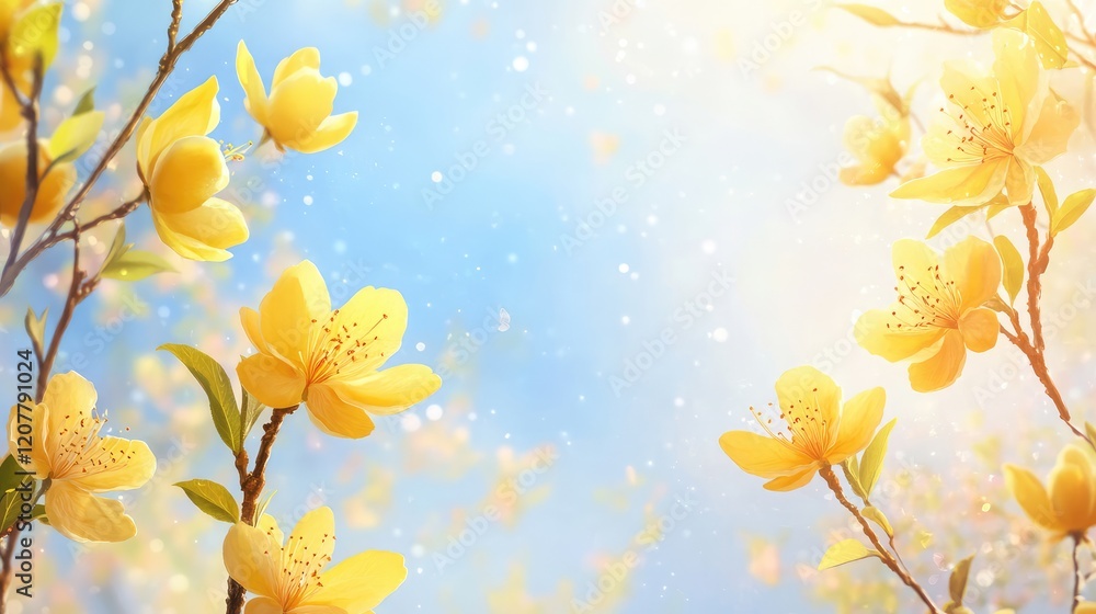 Poster Yellow flowering branches against a soft blue background with bokeh effect and copy space for text placement.