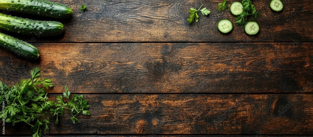 Aufkleber fresh cucumbers and sliced pieces on rustic wooden table with herbs and copy space for text.