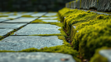 Obraz premium Close-up of concrete pavers with moss growing between cracks, detail, moss, urban, cracks, close-up