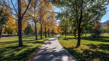Fototapeta premium Autumnal Stroll: A Sunlit Path Through Golden Trees in a Park