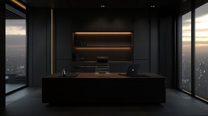 A sleek and refined business interior with dark tones, featuring luxurious materials such as leather and polished wood.