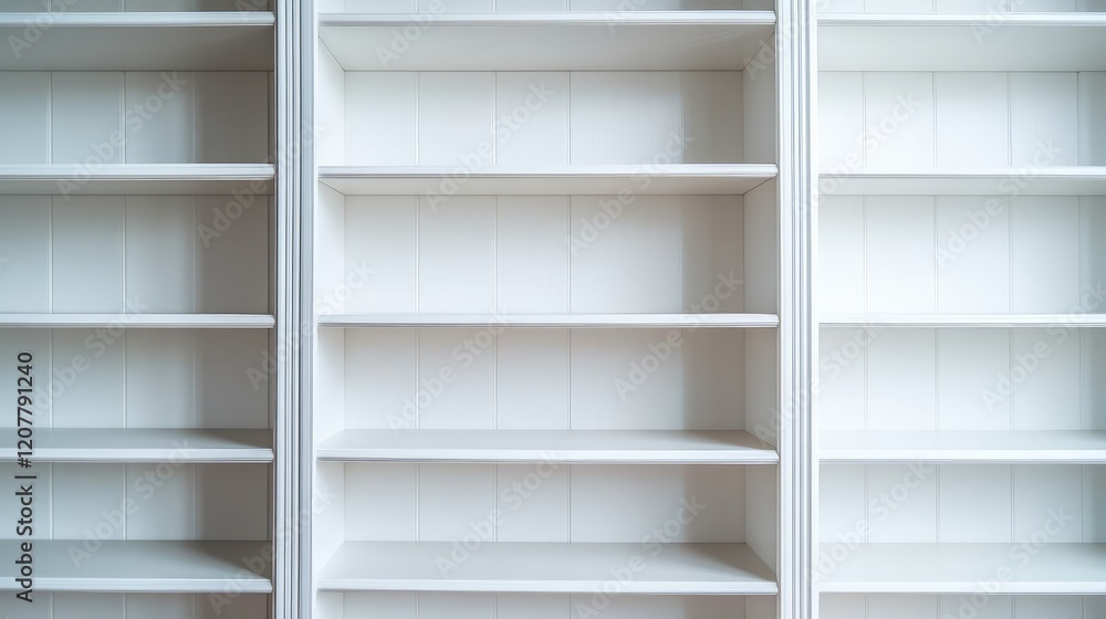 Poster empty white wooden bookshelves with multiple shelves and blank space, ideal for displaying items or 