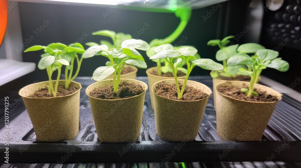 Aufkleber fresh green seedlings in biodegradable pots arranged in a row under a grow light with dark backgroun