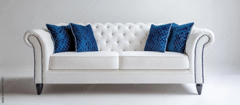 Poster elegant white tufted sofa adorned with deep blue accent pillows against a soft gray backdrop providi