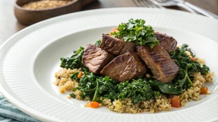 Braised Wagyu Beef with Saut?ed Kale and Quinoa, braised wagyu beef, savory